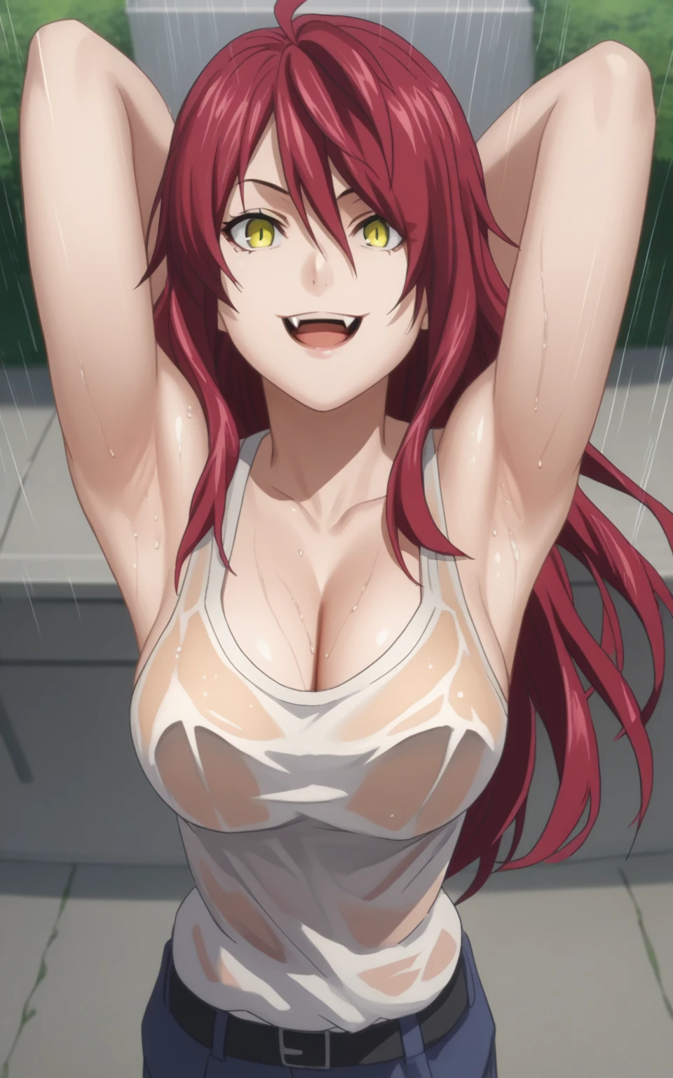 score_9, score_8_up, score_7_up, source_anime, anime screencap, 1girl, solo, kobayashi rindou, long hair, red hair, yellow eyes, white tanktop, sleeveless, cleavage, bare shoulders, bare arms, arms behind head, armpits, from above, looking at viewer, head towards viewer, smile, large breasts, opened mouth, fang teeth, badhandv4, outdoors, rainy day, detailed armpits, sweaty armpits, wet tanktop