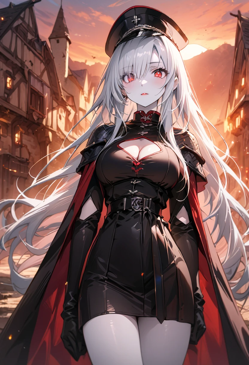 ((Masterpiece)), ((Masterpiece_portrait)), ((Best_qulity)), highres, distinct, distinct_image, hyper_detail, (detailed_face : 0.8), perfect_fingers, novel illustration, 1girl, solo, Lawful_Evil, soldier, white_hair, very_long_hair, hair_over_one_eye, slightly covered, bangs_in_girl_left_ear, red_eyes, frightening eyes, red_lips, tall, slender, slenderwaist, white_skin, large_breasts, veiny_breasts, arm_cutout, cleavage_cutout, cleavage_cutout, peaked_cap, miniskirt, black_leather_gloves, military_uniform, military_uniform_cape_lift, hands_in_pockets, cowboy_shot, sunset, setting_sun, medieval, Fantasy