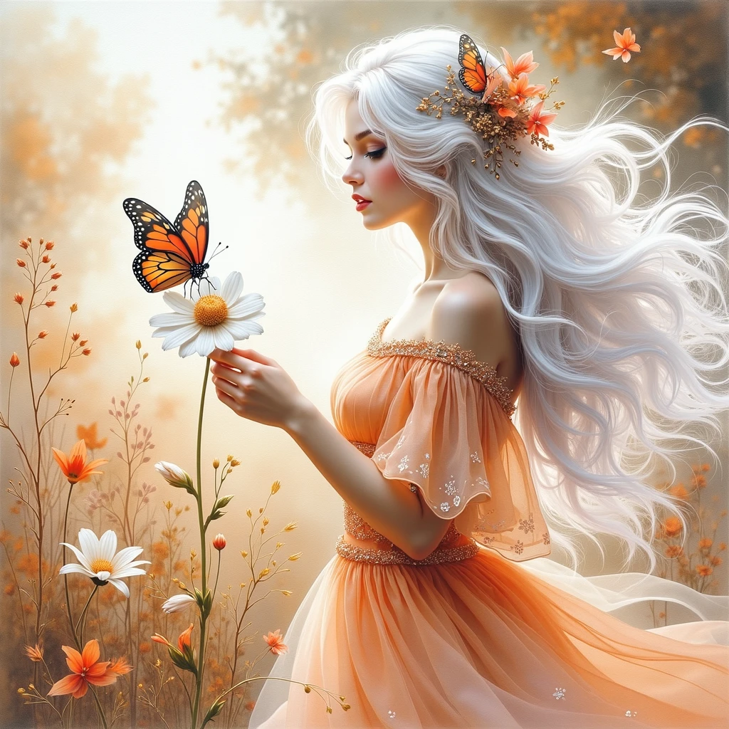 (((EXTREMALLY DETAILED ULTRAREALISTIC 3D RENDER FOREGROUND: 1.4)))  PPaint a soft dreamy watercolour image of an ethereal beautiful young woman with long windswept white hair adorned in a gorgeous soft orange flowing dress admiring a stunning, soft-focused dreamy orange butterfly perched delicately on a white flower, which is centrally positioned within a serene natural background. The background features warm, brown and beige blurred tones that evoke a tranquil, ethereal meadow ambiance. Gentle light filters through the scene, lending a dreamy, hazy quality to the composition. To the right, a subtle, dry grass stalk stretches upward, its fine details softly defined, enhancing the image's overall delicate and painterly effect. The butterfly's wings are open, showcasing shades of deep orange with fine black detailing along the edges and wing veins, providing a vivid contrast to the creamy, muted background and the simplicity of the elegant, pale flower supporting it. Fleeting beautiful moments are fragile but immortalized in art. (((EXTREMALLY DETAILED ULTRAREALISTIC 2D FOGGY PASTEL BACKGROUND: 1.2))) (((GOLD GLOSSING DETAILES JEWELLERY,SPARKLING TRANSPARENT STONES)))