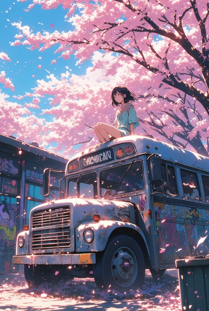 桜吹雪が降り注ぐ廃バスの上に座る女の子のanimeシーン、atey ghailan 8k、dy atey ghailan、Lofi Art、カラフルなanimeの映画の風景、 graffiti and sunlight filtering through the trees on the bus 、Lo-fi Girl、anime、桜の木、桜吹雪、桜の花びらが崩れる様に、桜の花びらが舞う