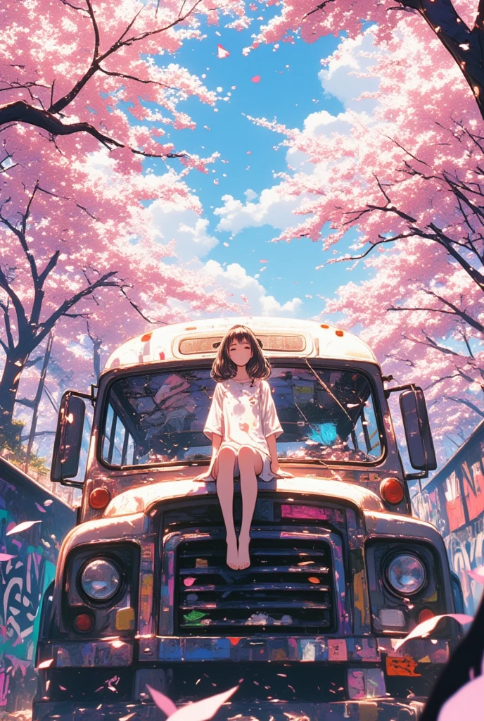 桜吹雪が降り注ぐ廃バスの上に座る女の子のanimeシーン、atey ghailan 8k、dy atey ghailan、Lofi Art、カラフルなanimeの映画の風景、 graffiti and sunlight filtering through the trees on the bus 、Lo-fi Girl、anime、桜の木、桜吹雪、桜の花びらが崩れる様に、桜の花びらが舞う