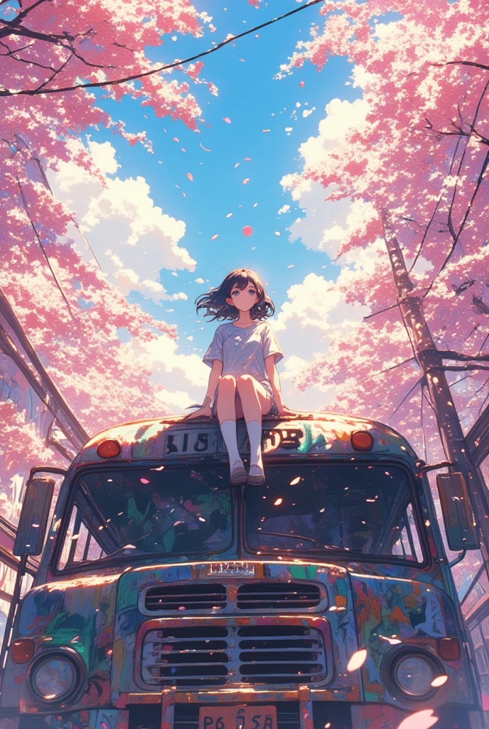 桜吹雪が降り注ぐ廃バスの上に座る女の子のanimeシーン、atey ghailan 8k、dy atey ghailan、Lofi Art、カラフルなanimeの映画の風景、 graffiti and sunlight filtering through the trees on the bus 、Lo-fi Girl、anime、桜の木、桜吹雪、桜の花びらが崩れる様に、桜の花びらが舞う