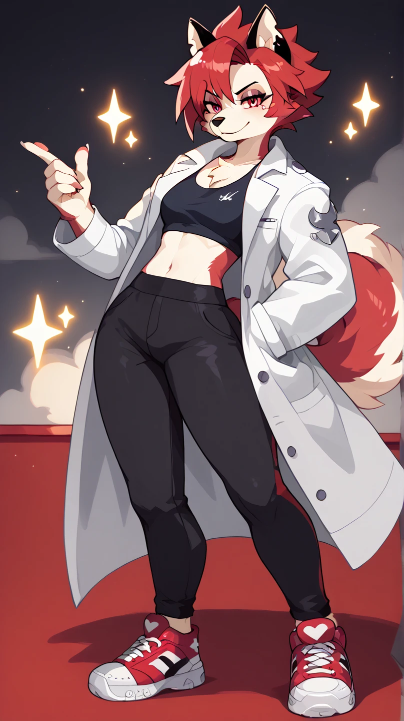 Lobo helluva boss,furry, Masculine,  anthropomorphic Tomboy ,well designed,kemono, drawing image,  cartoon art style,Husky fur black and white coat,big body ,furry tail,attractive face,cabelo furry,Mohican, red hair , normal red eyes , lights in the hair ,cute,silky hair, seductive face,calm look,   Mischievous smile ,black mini top ,Drip pants ,  drip sneakers , heaters, wide hips,confident pose, Looking at the protagonist  ,illustrative background , wallpaper 