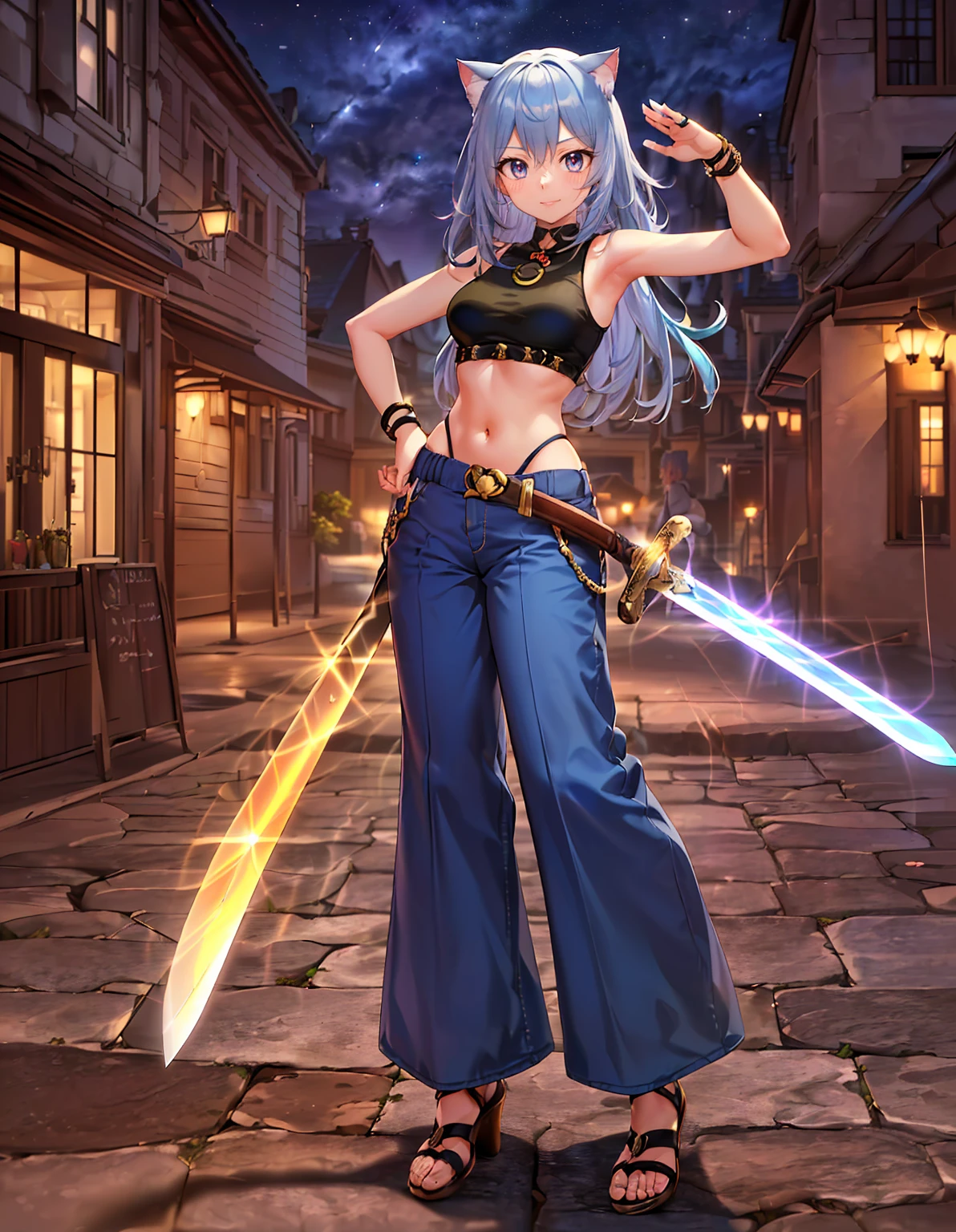 (best quality, ultra-high resolution, depth of field:1.2), (A cute cat girl with blue hair and brown eyes with wide hips wearing a stylish top wearing cute loose pants holding a sword in her hand with a stylish pose:1.3), (full body:1.2), night time, (multiple points of views), (standing:1.2)