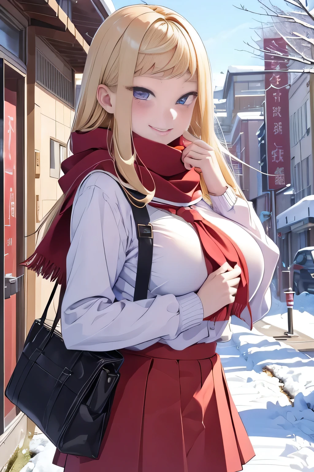 (masterpiece), best quality, expressive eyes, perfect face, sexy women Minami Fuyuki from Hokkaido gals are super adorable, her perfect purple eyes, her perfect long blondehair, with red scarf, her big breast, her perfect face, in school indor, with her school uniform, sweet smile, outside snowing, 