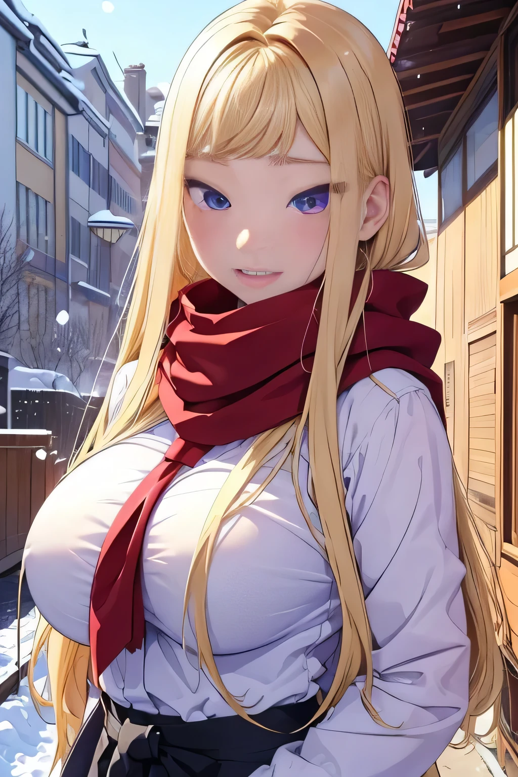 (masterpiece), best quality, expressive eyes, perfect face, sexy women Minami Fuyuki from Hokkaido gals are super adorable, her perfect purple eyes, her perfect long blondehair, with red scarf, her big breast, her perfect face, in school indor, with her small clothes, outside snowing, 