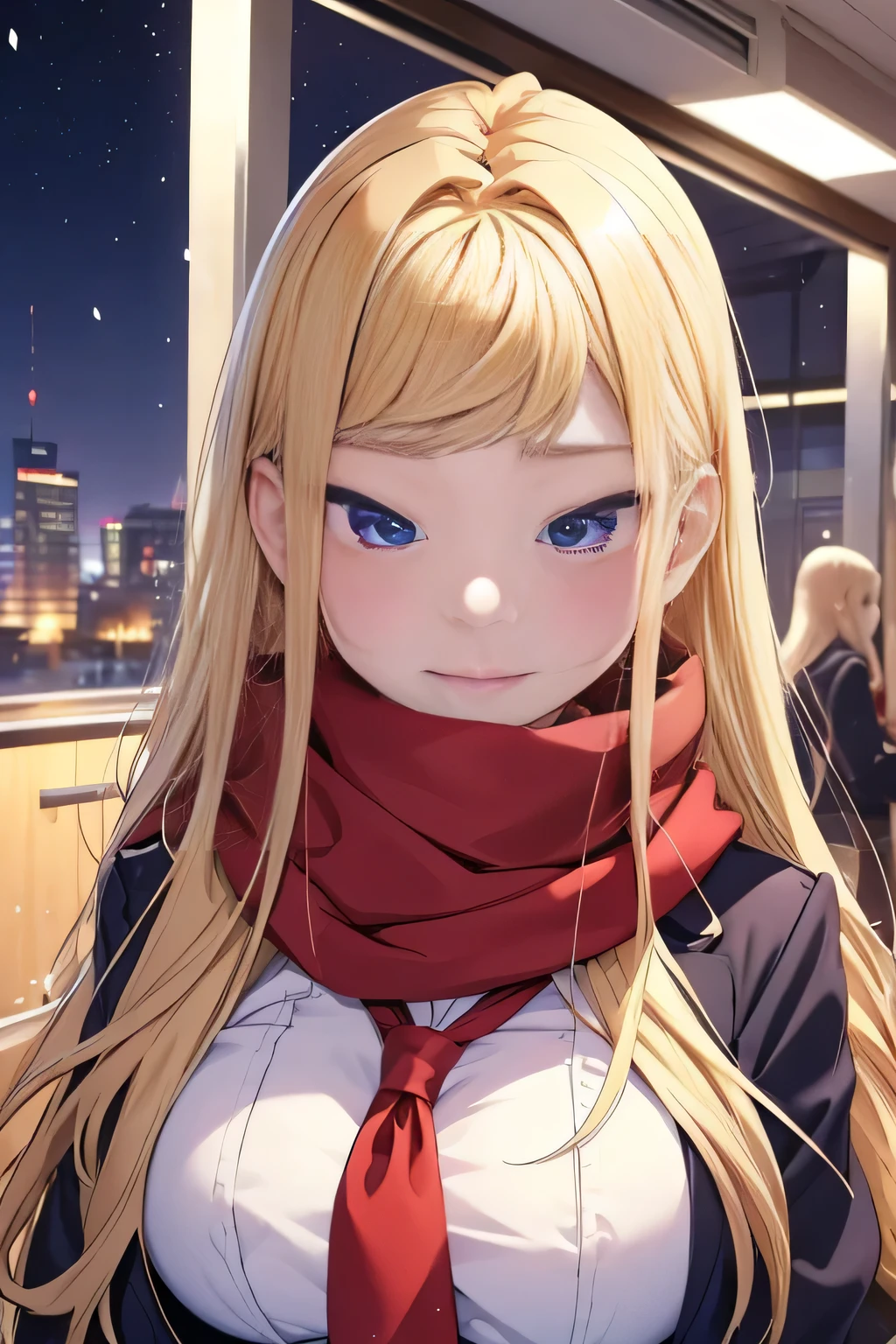 (masterpiece), best quality, expressive eyes, perfect face, sexy women Minami Fuyuki from Hokkaido gals are super adorable, her perfect purple eyes, her perfect long blondehair, with red scarf, her big breast, her perfect face, in school indor, with her small clothes, outside snowing, 