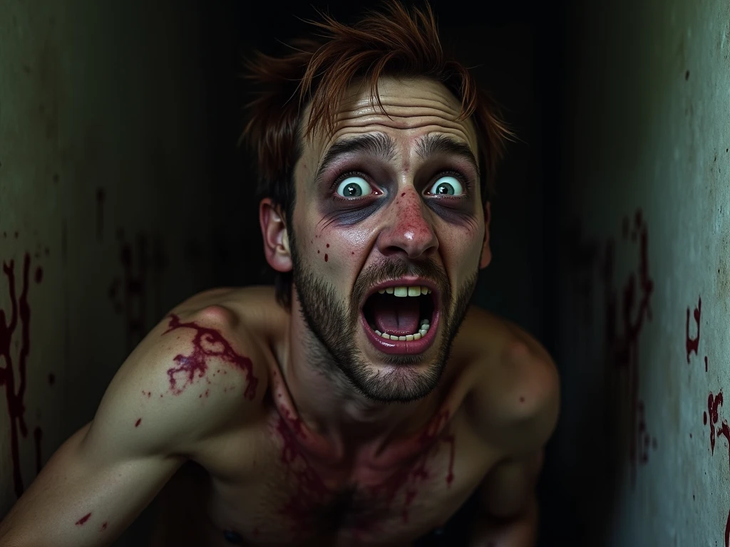A guy with his body split in half with blood and guts