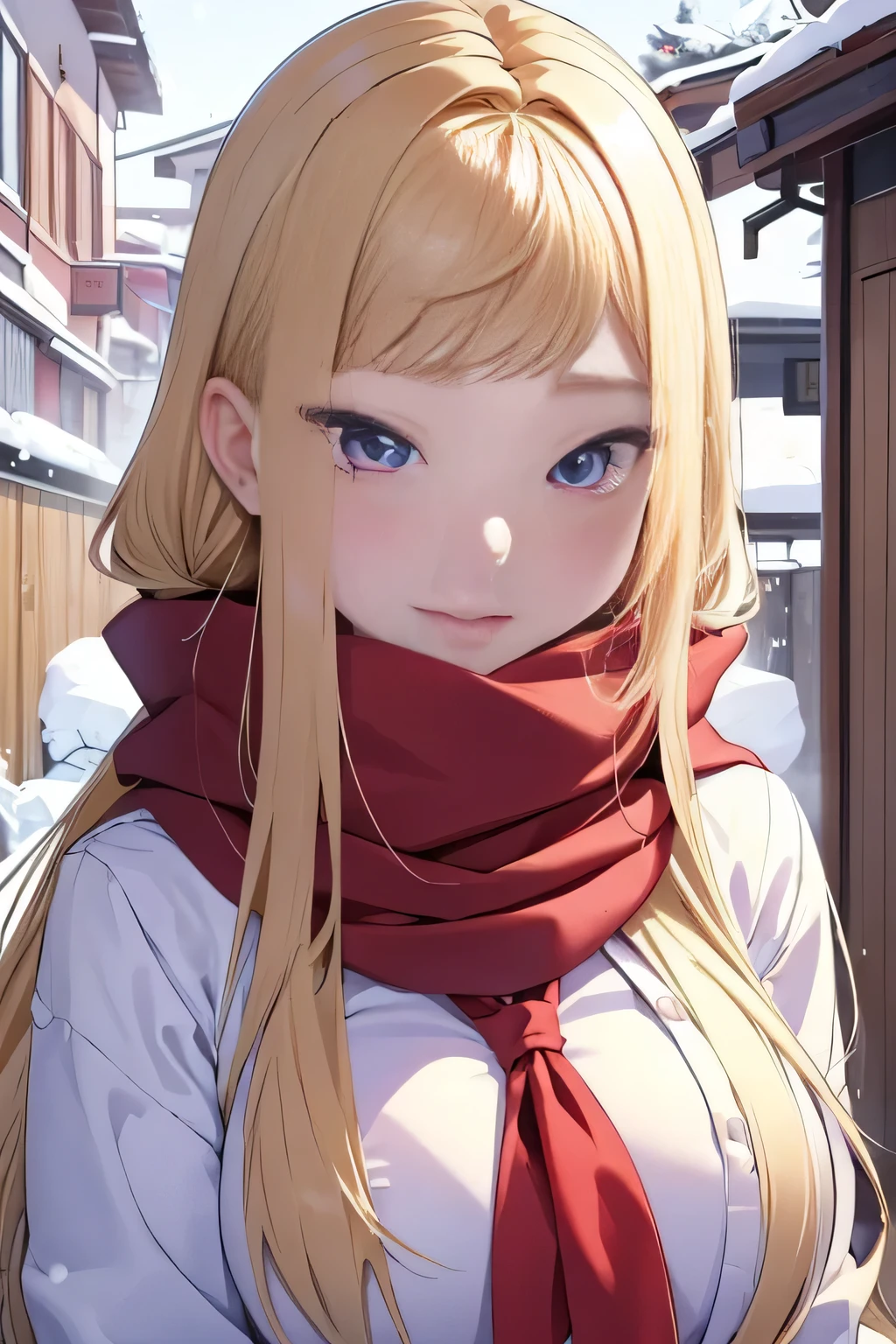 (masterpiece), best quality, expressive eyes, perfect face, sexy women Minami Fuyuki from Hokkaido gals are super adorable, her perfect purple eyes, her perfect long blondehair, with red scarf, her big breast, her perfect face, in school indor, with her small clothes, outside snowing, 