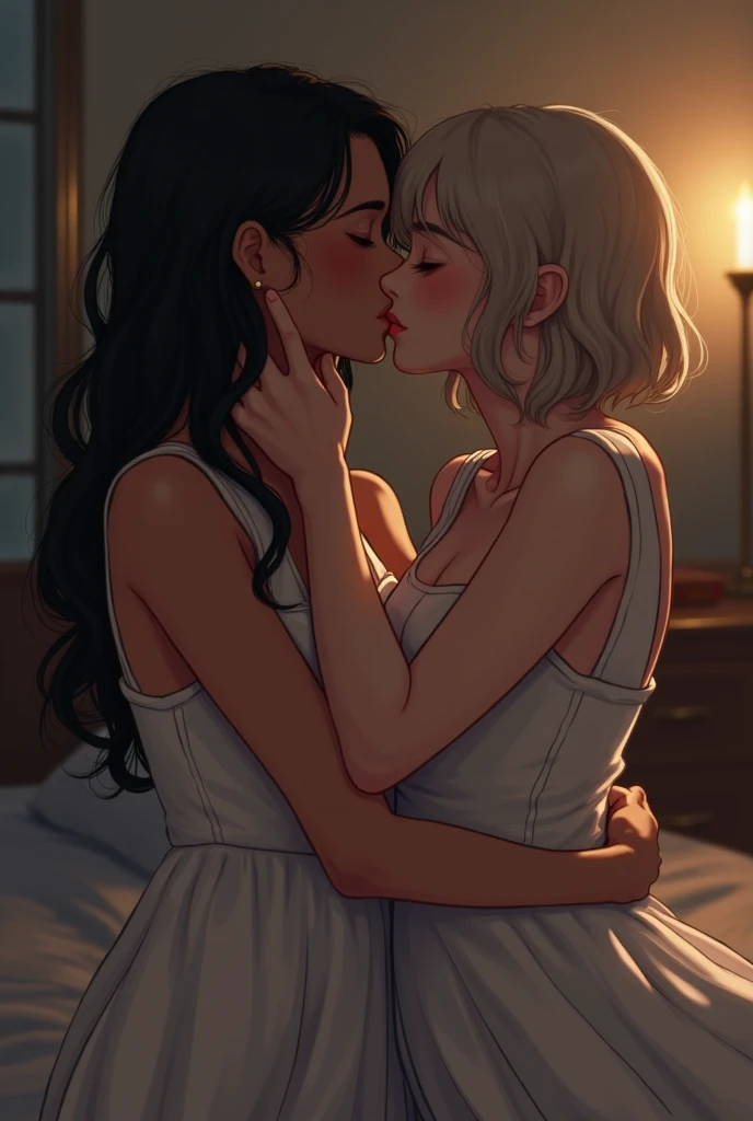 Amazing portrait of a shirtless boy passionately kissing a sexy woman wearing an unbuttoned sheer white shirt that shows the sexy red lingerie underneath in an intense scene that takes place in a dark room with one lamp giving off some warm lighting and they're sweaty and lustful and erotic as they're passionately making out intimately