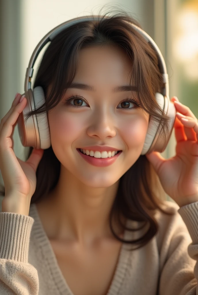 (best quality,4k,8k,highres,masterpiece:1.2), ultra-detailed, (realistic,photorealistic,photo-realistic:1.37),(beautiful detailed eyes, beautiful detailed lips, extremely detailed eyes and face, long eyelashes),studio lighting,physically-based rendering,vivid colors,(big tits, super big tits, super extra big tits),(bob haircut),(a smile with half-closed eyes:1.5),(white turtleneck sweater),(soft lighting),(happy atmosphere),(diagonal composition),(dynamic poses),(headphone),