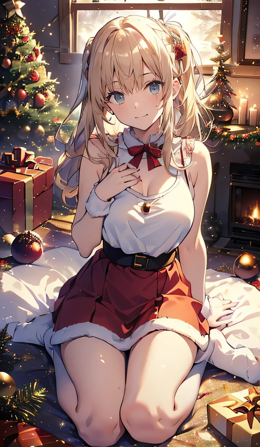 ((smile,smile,Big Breasts)),( 最 High Quality ,4K,  High Definition to keep your legs loosely aligned :1.2), top-quality、  best image quality、​masterpiece、 teenage girl((Red Santa Outfit 、 Santa Style Short Skirt、Santa style sexy tank top、、 teenager 、Best Bust、Large bast,  Beautiful Light Blue Eyes  、 big breasts are open, Blonde、Slender,Big Valley、 dye your cheeks red、 slouching forward、White Breath、Showing the whole body、 laughs、  singer with hands forward looking ahead )), High Quality 、Beautiful art、 background ((fireplace、 warm room、 Christmas tree、)))、masterpiece