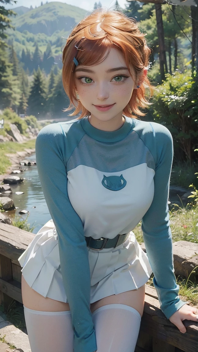 Gwen tennyson,(best qualityer,4K,8k,high resolution,work of art:1.2)(weather: cloudy), forest mountain background, forest road, teenager, freckles, white cropped top cat logo, blue sleeves, white pleated skirt, pantyhose, white sneakers, hair pin, belt, eyeliner, short hair, ginger hair, ultra detailed, realistic,portraite,beautiful detailed green eyes, glowing eyes,blush,beautiful detailed lips,extremely detailed eye and face, long eyelashes,sexly,average, large breasts,beaming smile, flirty smile,powerful girl, sexy pose, stunning curves,bright coloured,dramatic lighting,