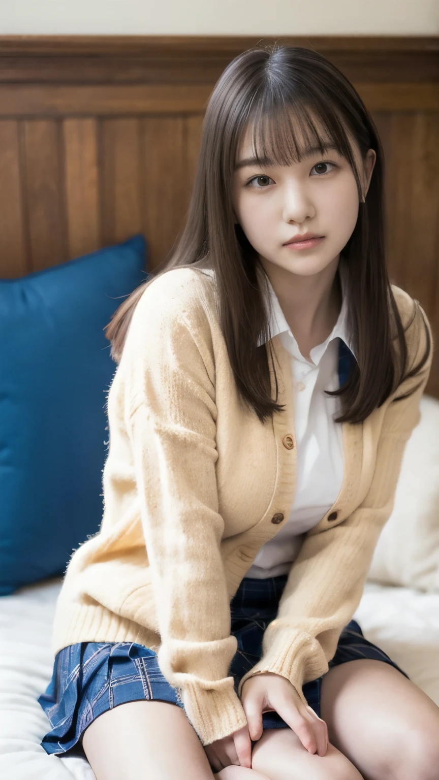 Alone、  I'm fascinated by my natural body、 white skin、  natural makeup、 black hair、bangs、 long straight hair、、(expensive  、 Beige Long Sleeve Cardigan  、 white blouse、 blue plaid pleated skirt)、、(Big Breasts:1.3)、((The upper body is wearing a uniform))、((((( Strong)))))、((( head-to-knee portrait )))、((( thigh)))、bedroom、 on the bed、 sitting 、(( focuses on crotch))