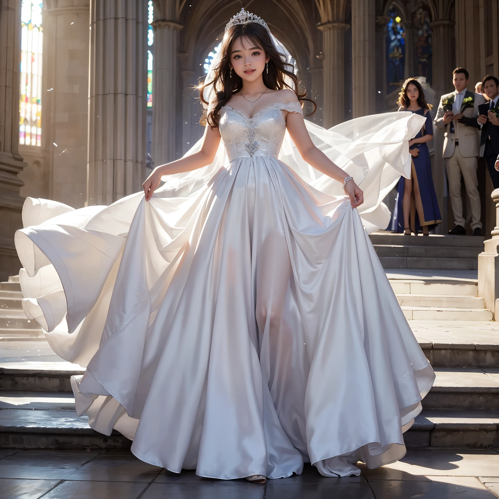 best quality, masterpiece, 1 girl, long hair, A huge laugh, cute teen, shiny lips, sweet, sun glare, Conservative attire, wedding dress, Bridal Tiara, depth of field, blurred background, Cathedral Background, light particles, strong wind, head tilt