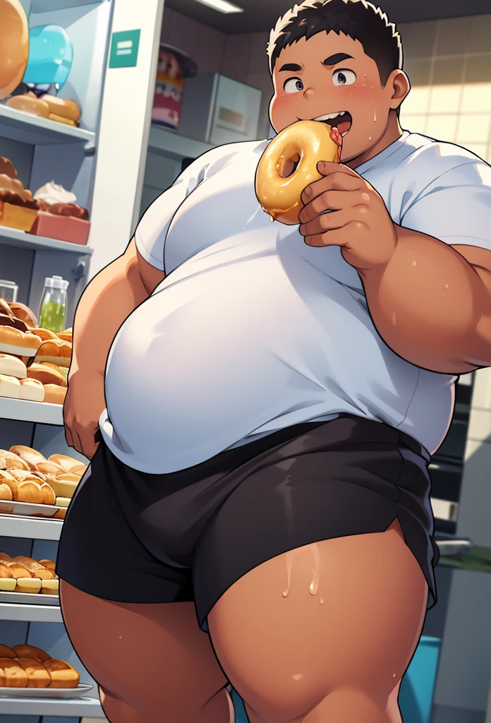 indigenous boy,((fiveteen years old)) , embarrassed face, laughing, swallowing non-stop, eating a donut with cream, in a bakery, edge of the mouth smeared with cream, obese boy, in volume, morbidly obese, gainer pride, boy who likes to gain weight, fan of eating, big belly, fat pectorals like 2 balloons full of fat that fit his white shirt, fat and enormous buttocks that squeeze his black shorts, fat arms of 45 cm in circumference, thighs full to bursting with fat, big and fat bulge between the legs, using a white shirt and black shorts, sweat, heat, sun rays, 3:4, detailed face, shapely