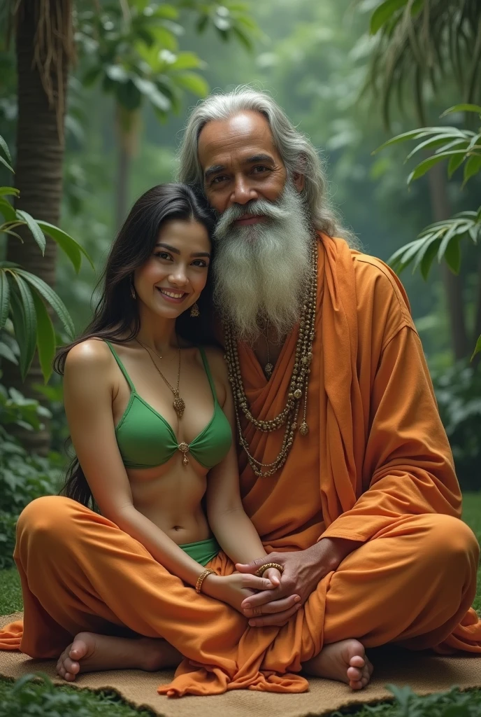 An old man with white beard  in dhoti standing in a jungle with his sexy cute young long hair girl wearing semi nude topless saree with huge boobs grabbing old man's dick in dhoti by care and masterbating his pennis.