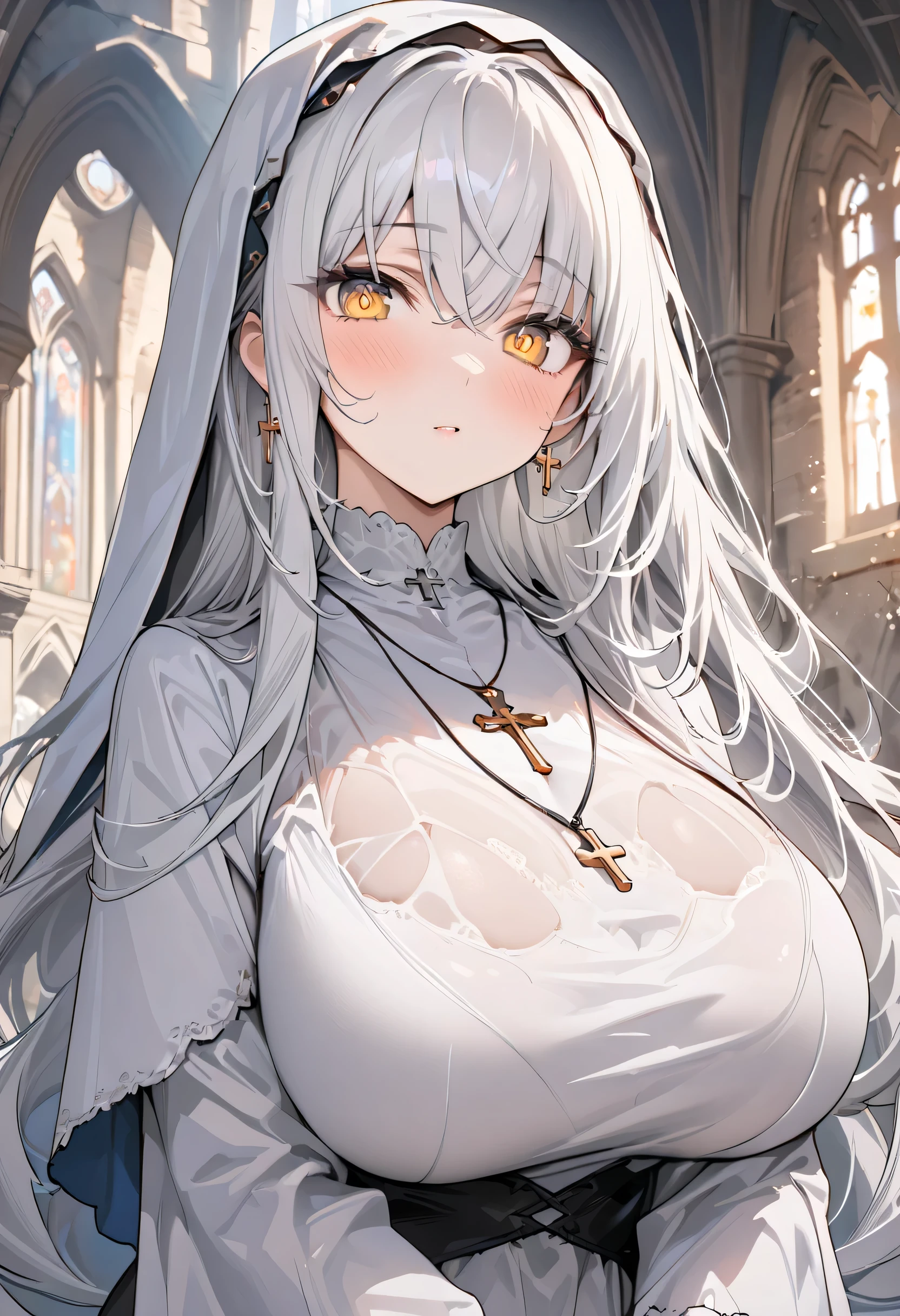 ((Masterpiece)), ((Masterpiece_portrait)), ((Best_qulity)), (unexposed), highres, distinct, distinct_image, hyper_detail, (detailed_face : 0.8), novel illustration, 1girl, solo, white_hair, yellow_eyes, a cross pendant necklace, small_face, small_medium_face, absurdly_long_hair, Blunt_bangs, crossed_bangs, symbol-shaped_pupils, huge_breasts, sagging_breasts, veiny_breasts, thin_wrist, slender_wrist, slender_fingers, wearing white_robe, habit, impossible_dress, day, medieval, fantasy, church, 