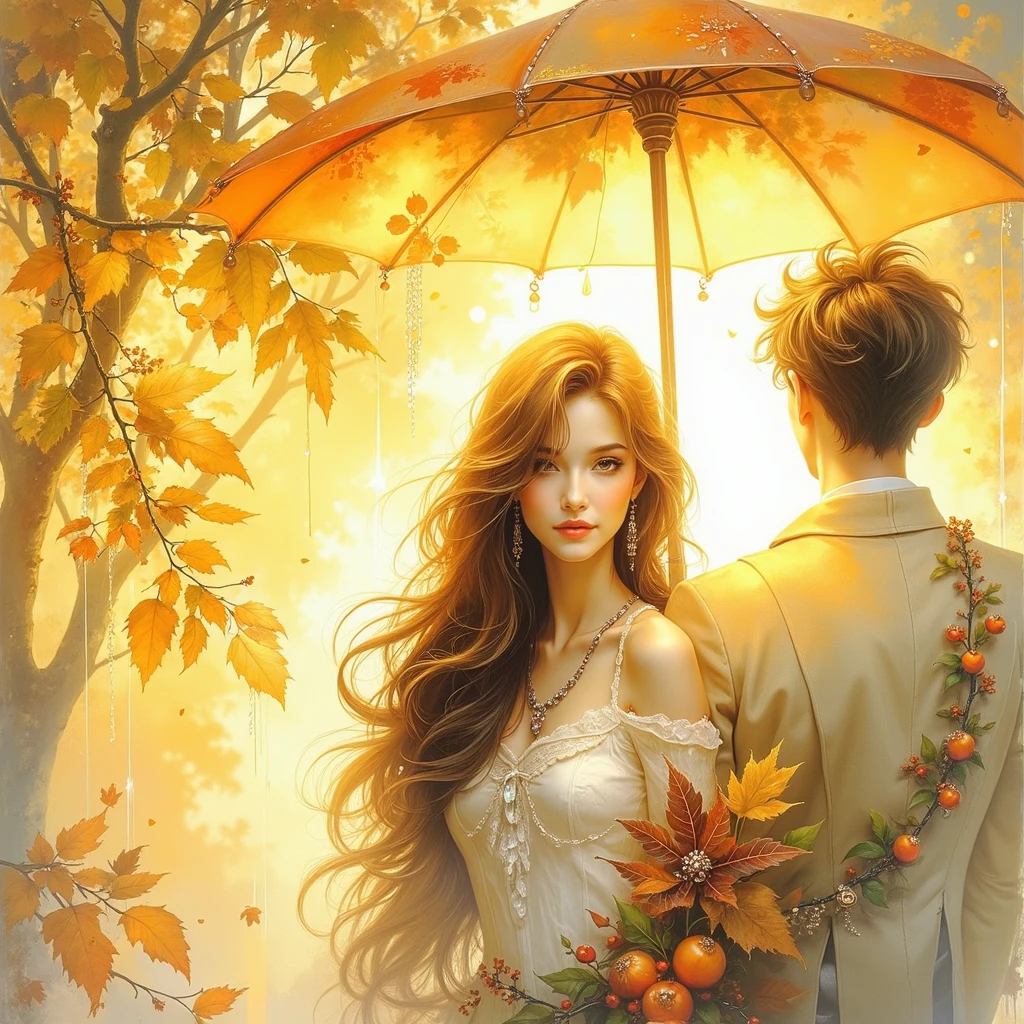 (((Ultraglossing blicks  EXTREMALLY DETAILED ULTRAREALISTIC 3D RENDER FOREGROUND: 1.4)))   It's a beautiful rainy scene of autumn with leaves in vibrant yellow hues, and golden rain drops sparkling in bokeh light, a beautiful young couple, a long haired girl and a fresh faced boy, standing under an umbrella, without saying anything but sweet emotion seen in their shy embrace, how precious our first love, illuminating branches in warm sunlight, creating a peaceful and golden mood. Paint a dreamy hazy breezy wet on wet watercolour artwork, using minimal paints and maximum loose water effects, autumnal colour palette, melancholy composition, minimalist, impressionist, with no text.
bokeh ethereal beautiful fantastic view Golden ratio dreamy nostalgic Atmospheric melancholy natural light Tran Nguyen rules of third Visual Poetry fog and smoke unfiltered creativity minimal paint and water effects beautiful Autumnal palette Dreamy Hazy Breezy (((EXTREMALLY DETAILED ULTRAREALISTIC 2D FOGGY PASTEL BACKGROUND: 1.2))) (((GOLD GLOSSING DETAILES JEWELLERY,SPARKLING TRANSPARENT STONES)))
