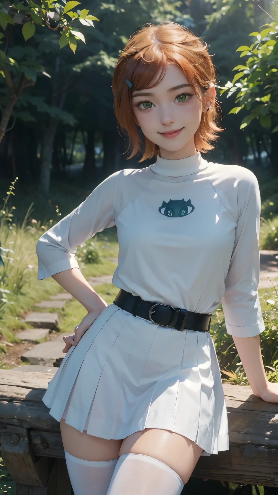 Gwen tennyson,(best qualityer,4K,8k,high resolution,work of art:1.2)(weather: cloudy), forest mountain background, forest road, teenager, freckles, white cropped top cat logo, blue sleeves, white pleated skirt, pantyhose, white sneakers, hair pin, belt, eyeliner, short hair, ginger hair, ultra detailed, realistic,portraite,beautiful detailed green eyes, glowing eyes,blush,beautiful detailed lips,extremely detailed eye and face, long eyelashes,sexly,average, large breasts,beaming smile, flirty smile,powerful girl, sexy pose, stunning curves,bright coloured,dramatic lighting,