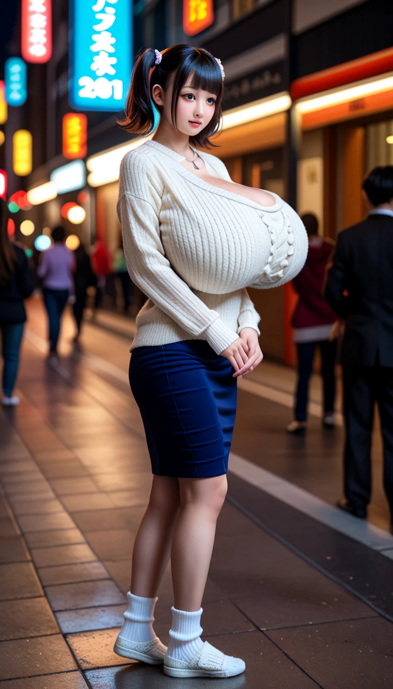 (highest quality), (best quality), (Super detailed), (Photorealistic:1.2), High resolution, 8K, perfect composition,full body shot,from side,(high detail), beautiful lighting,(1 japanese beautiful idol:1.2), detailed eyes, Beautiful double eyelids,(knit sweater,paid pattern mini skirt,white loose sox:1.2),(short cut hair,twintails,blunt bangs:1.2), (gigantic breasts:1.5),cleavage,Bold Sexy poses,standing on the night city,(looking at over there:1.1),(in crowded street),22 year old girl, Sexy shot,(midnight),