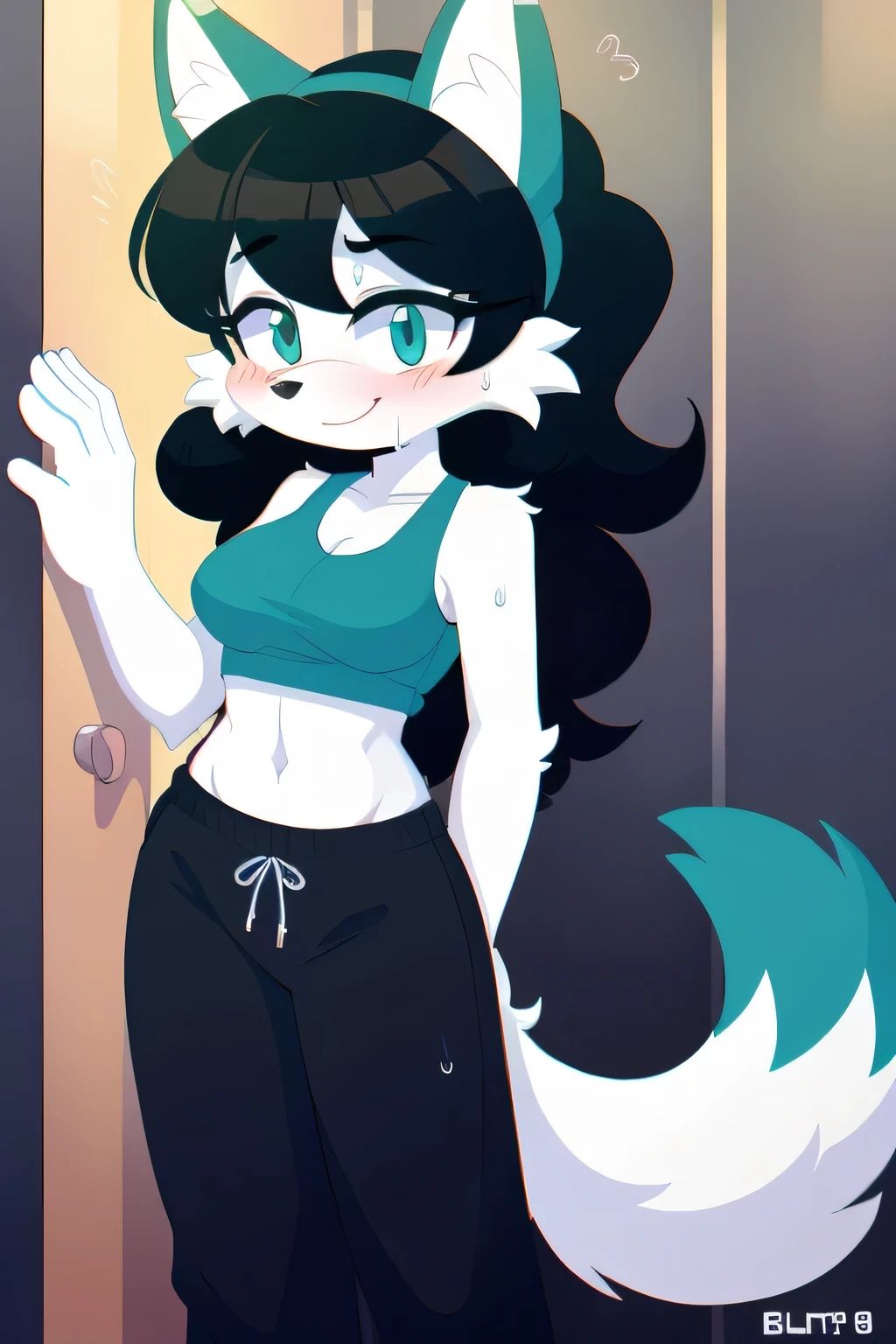 score_9,score_8_up,score_7_up, Anthro, white anthro furry fox girl, fox girl, long black hair, two tone hair (black hair, teal tip), curly hair, teal headband, blue eyes, white furry body, fox ears and tail, blushing, nervous expression, sweating, smiling, medium breasts, blue croptop, black sweat pants, vintage elevator