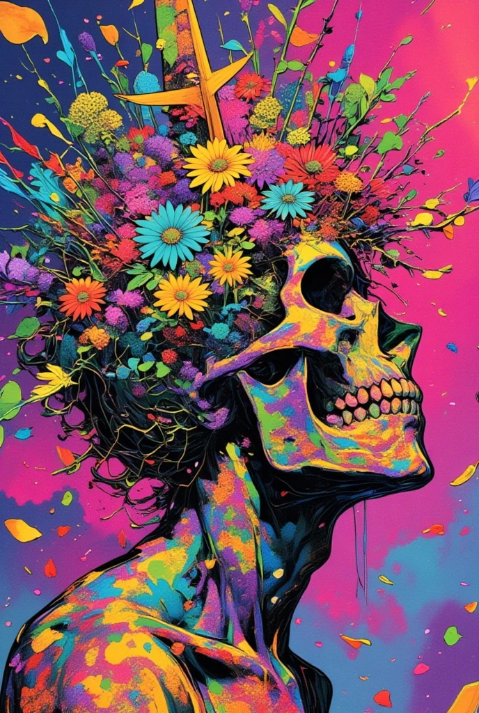   Illustration of a Man with a Skull  ,   Colorful Flowers Blooming from His Skull、 Background is petals、Crumbling Petals 、 lsd tattoo design  ,   Psychedelic Illustrations  , alex pardee, His head is a skull  ,  Josep Pushman , Shamanistic horror LSD art, LSD Trip, retro   Psychedelic Illustrations  , ,  Man with a Skull Thinking About Life ,   illustration Daily Deviation  ,   colorful illustrations,  Psychedelic Space Horror 