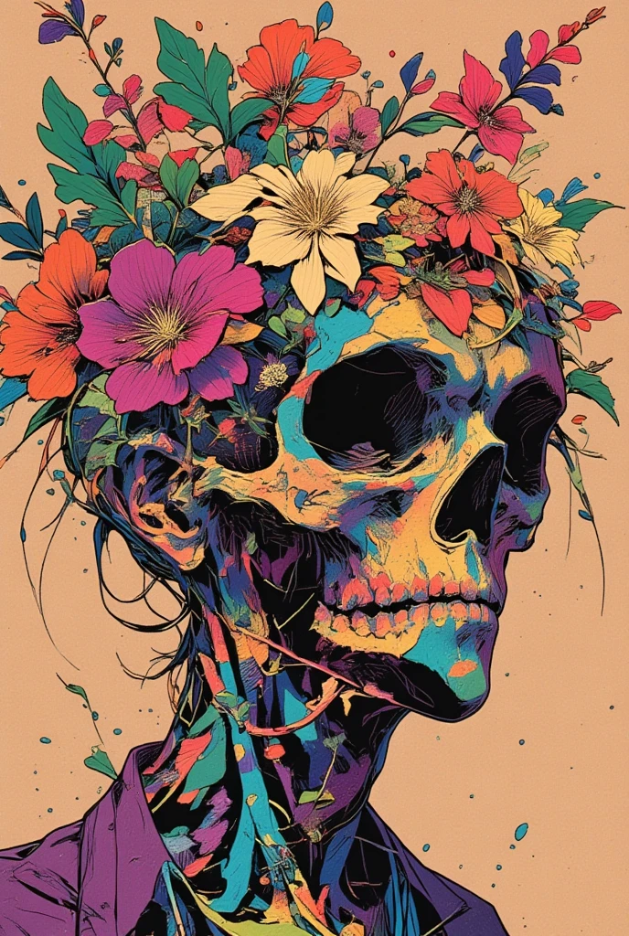   Illustration of a Man with a Skull  ,   Colorful Flowers Blooming from His Skull、 Background is petals、Crumbling Petals 、 lsd tattoo design  ,   Psychedelic Illustrations  , alex pardee, His head is a skull  ,  Josep Pushman , Shamanistic horror LSD art, LSD Trip, retro   Psychedelic Illustrations  , ,  Man with a Skull Thinking About Life ,   illustration Daily Deviation  ,   colorful illustrations,  Psychedelic Space Horror 