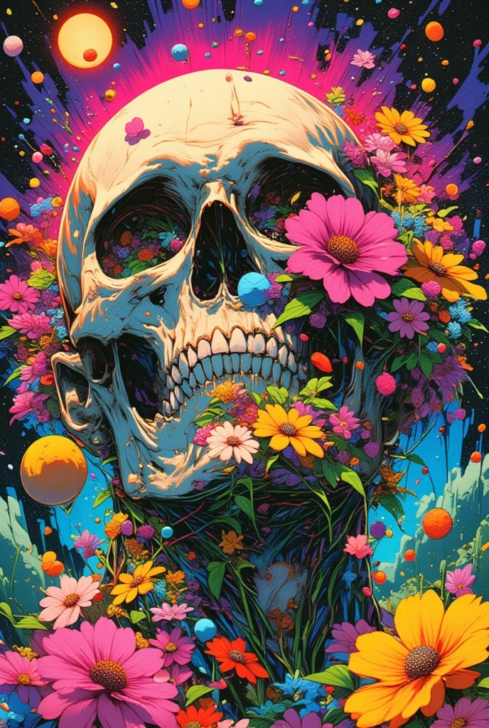   Illustration of a Man with a Skull  ,   Colorful Flowers Blooming from His Skull、 Background is petals、Crumbling Petals 、 lsd tattoo design  ,   Psychedelic Illustrations  , alex pardee, His head is a skull  ,  Josep Pushman , Shamanistic horror LSD art, LSD Trip, retro   Psychedelic Illustrations  , ,  Man with a Skull Thinking About Life ,   illustration Daily Deviation  ,   colorful illustrations,  Psychedelic Space Horror 