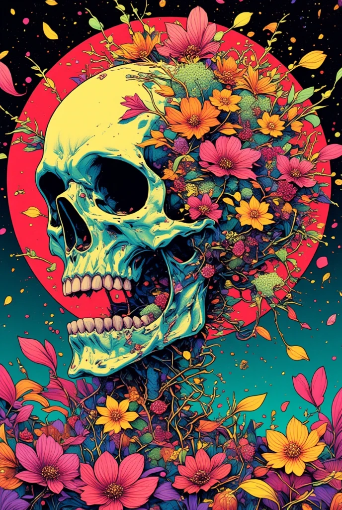   Illustration of a Man with a Skull  ,  Background is petals、Crumbling Petals 、 lsd tattoo design  ,   Psychedelic Illustrations  , alex pardee, His head is a skull  ,  Josep Pushman , Shamanistic horror LSD art, LSD Trip, retro   Psychedelic Illustrations  , ,  Man with a Skull Thinking About Life ,   illustration Daily Deviation  ,   colorful illustrations,  Psychedelic Space Horror 、Pouring Petals、空から降る花びら