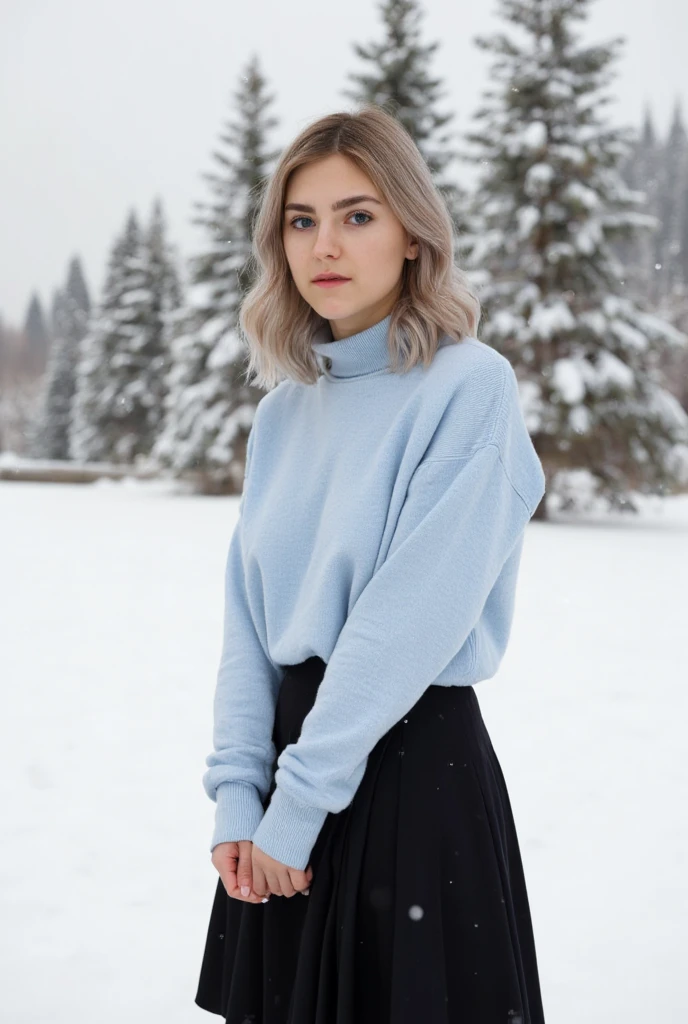 16K quality， Ultra realistic style ，A woman wearing a turtleneck sweater ,  in a black pleated skirt is standing in the snow，Thick neck, Light blue turtleneck sweater, Beautiful young European and American women ， charming posture，sakimi-chan, , full, blue sweate