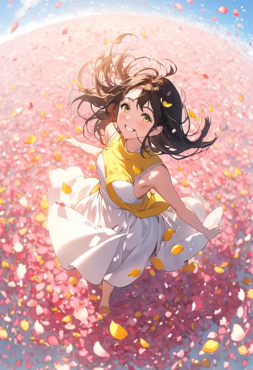  Looking up at the sky,girl with a big smile,Lots of petals soar,Standing in a sea of petals,Aerial shot, dynamic angle ,anime,Yellow petals 