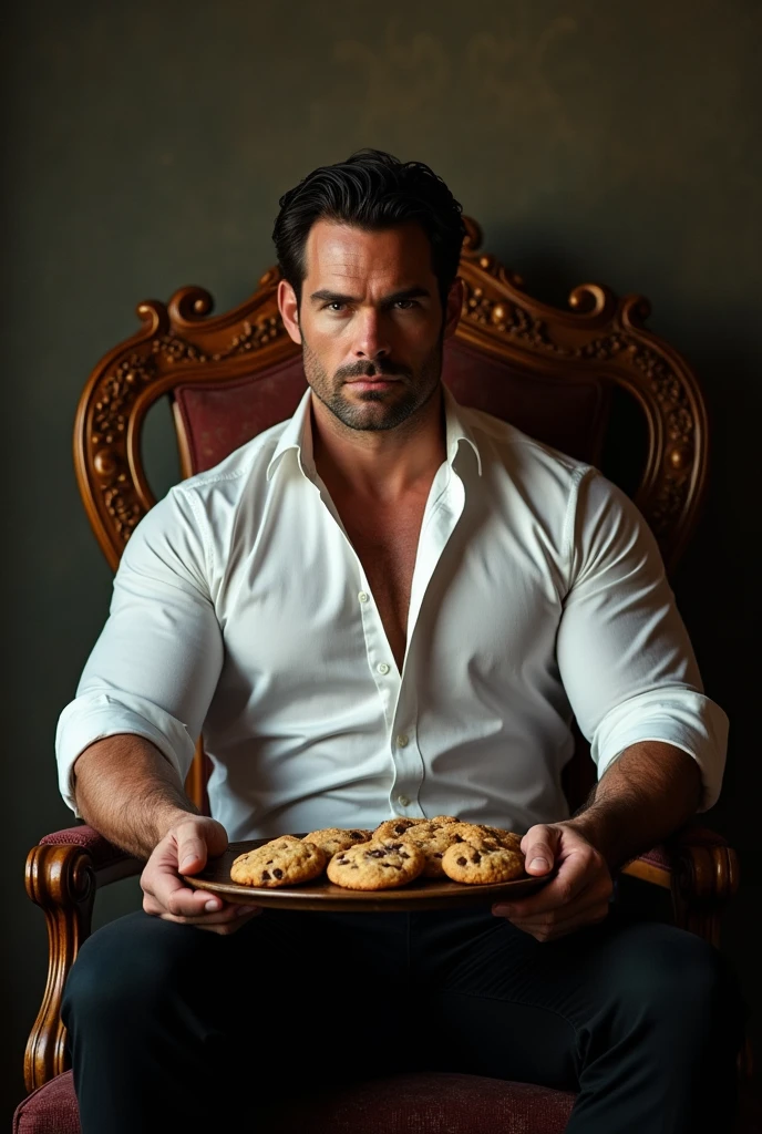 Help me create an image of a robust, handsome, white man with blue and brown eyes eating many, many desserts