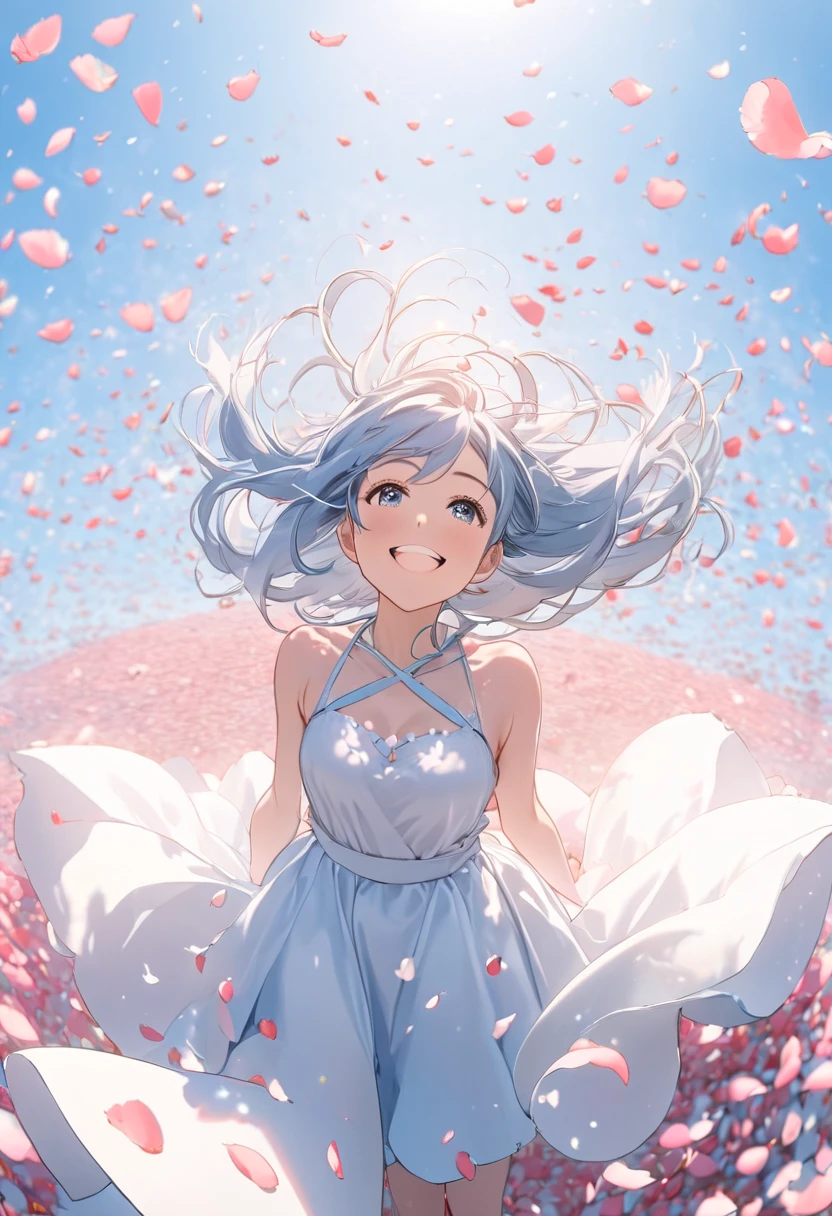  Looking up at the sky,girl with a big smile, lots of petals soar,Standing in a sea of petals,Aerial shot, dynamic angle ,anime,Light blue petals 