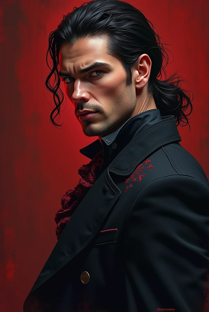 splatter style character painting of medieval Dracula, vampire, glowing eyes, long wavy dark hair, mouth open, fangs, blood drip, hypnotic stare, wearing rich cloak and noble clothing, predatory look, textured backdrop, moody atmosphere, crimson and steel-blue color scheme, <lora:splatter_lora-000005:1>