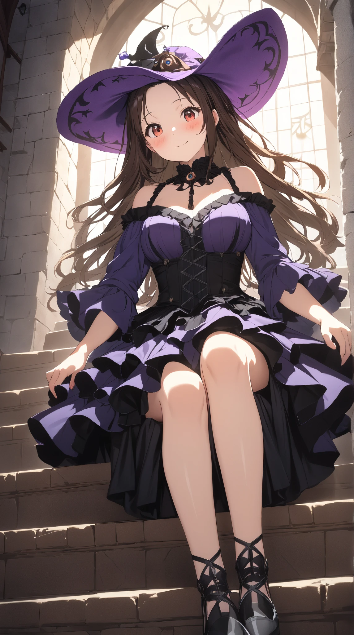 1 girl, alone, long_hair, breast, watching_exist_audience, Brown_hair, hexist, skirt, split, only_Shoulder, purple_Eyes, transcendental_sleeve, huge_breast, Strapless, witch_hexist, Strapless_skirt, one_Eye_cExceeded, hexist_Exceed_one_Eye
