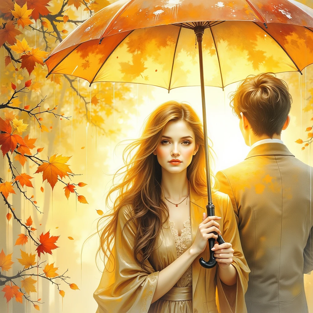 (((Ultraglossing blicks ULTRAVIBRANT COLORS  EXTREMALLY DETAILED ULTRAREALISTIC 3D RENDER FOREGROUND: 1.4)))   It's a beautiful rainy scene of autumn YELLOW-ORANGE-RED-MAGENTA-BURGUNDY-GOLD with leaves in vibrant yellow hues, and golden rain drops sparkling in bokeh light, a beautiful young couple, a long haired ATTRACTIVE 20 YEARS WOMAN and a fresh faced BRUTAL MAN WITH BLACK SHORT HAIRS, standing under an umbrella, without saying anything but sweet emotion seen in their shy embrace, how precious our first love, illuminating branches in warm sunlight, creating a peaceful and golden mood. Paint a dreamy hazy breezy wet on wet watercolour artwork, using minimal paints and maximum loose water effects, autumnal colour palette, melancholy composition, minimalist, impressionist, with no text.
bokeh ethereal beautiful fantastic view Golden ratio dreamy nostalgic Atmospheric melancholy natural light Tran Nguyen rules of third Visual Poetry fog and smoke unfiltered creativity minimal paint and water effects beautiful Autumnal palette Dreamy Hazy Breezy. MODERN CASUAL DRESS (((EXTREMALLY DETAILED ULTRAREALISTIC 2D FOGGY PASTEL BACKGROUND: 1.2))) (((GOLD GLOSSING DETAILES JEWELLERY,SPARKLING TRANSPARENT STONES)))
