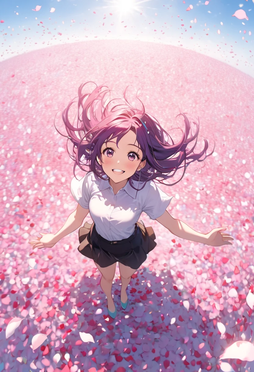  Looking up at the sky,girl with a big smile,Lots of petals soar,Standing in a sea of petals,Aerial shot, dynamic angle ,anime,Purple petals