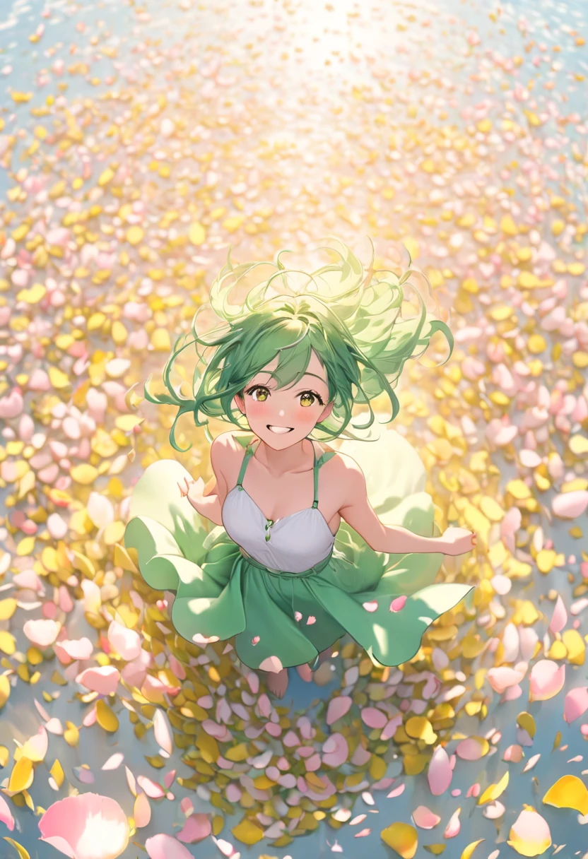  Looking up at the sky,girl with a big smile, lots of petals soar,Standing in a sea of petals,Aerial shot, dynamic angle ,anime,yellow-green petals