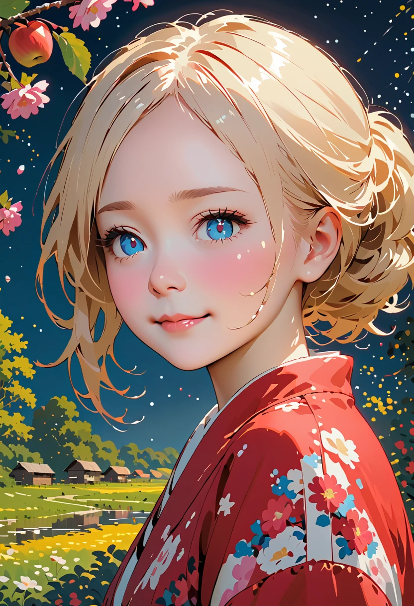 A lakeside village 、 a birch grove and an apple orchard, Petal rain, Young Girls. Portrait of a Smile ,  Smooth Lines ,  simple background, Emphasize light,  Shadow and Space Perception,  Rich Negative Space ,  Uplifting Comics , Emphasizing a Smile , (Oily skin、Real skin texture 、 Every detail shows beautiful skin、Brightening skin ),,  starry night , ( in a Primitive Style . David Martiashvili.  Spartak Mukanov . Sven37. Peter Elson,  Ryohei Hase ,  Rafael Sansi , Pino Dani, Ray Caesar).  Life-Themed Art ， ( conceptual art ) dripping paint ,