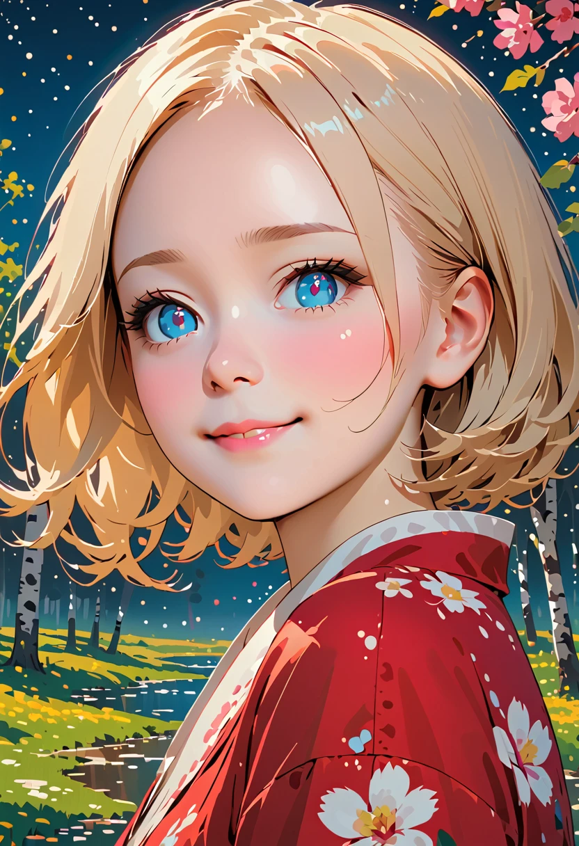 A lakeside village 、 a birch grove and an apple orchard, Petal rain, Young Girls. Portrait of a Smile ,  Smooth Lines ,  simple background, Emphasize light,  Shadow and Space Perception,  Rich Negative Space ,  Uplifting Comics , Emphasizing a Smile , (Oily skin、Real skin texture 、 Every detail shows beautiful skin、Brightening skin ),,  starry night , ( in a Primitive Style . David Martiashvili.  Spartak Mukanov . Sven37. Peter Elson,  Ryohei Hase ,  Rafael Sansi , Pino Dani, Ray Caesar).  Life-Themed Art ， ( conceptual art ) dripping paint ,