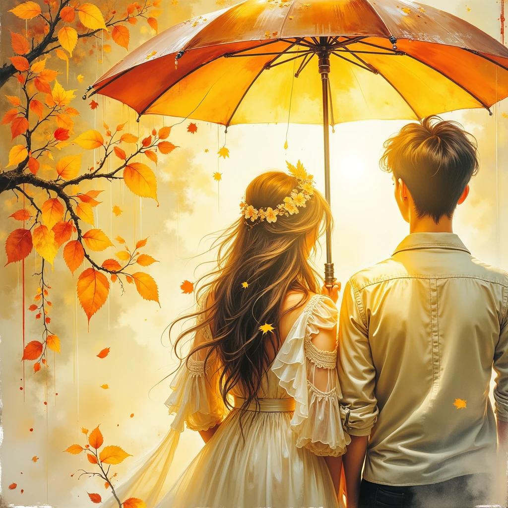 (((Ultraglossing blicks ULTRAVIBRANT ULTRAVIVIDRICH COLORS  EXTREMALLY DETAILED ULTRAREALISTIC 3D RENDER FOREGROUND: 1.4)))   It's a beautiful rainy scene of autumn YELLOW-ORANGE-RED-MAGENTA-BURGUNDY-GOLD with leaves in vibrant yellow hues, and golden rain drops sparkling in bokeh light, a beautiful young couple, a long haired ATTRACTIVE 20 YEARS WOMAN and a fresh faced BRUTAL MAN WITH BLACK SHORT HAIRS, standing under an umbrella, without saying anything but sweet emotion seen in their shy embrace, how precious our first love, illuminating branches in warm sunlight, creating a peaceful and golden mood. Paint a dreamy hazy breezy wet on wet watercolour artwork, using minimal paints and maximum loose water effects, autumnal colour palette, melancholy composition, minimalist, impressionist, with no text.
bokeh ethereal beautiful fantastic view Golden ratio dreamy nostalgic Atmospheric melancholy natural light Tran Nguyen rules of third Visual Poetry fog and smoke unfiltered creativity minimal paint and water effects beautiful Autumnal palette Dreamy Hazy Breezy. MODERN CASUAL DRESS (((EXTREMALLY DETAILED ULTRAREALISTIC 2D FOGGY PASTEL BACKGROUND: 1.2))) (((GOLD GLOSSING DETAILES JEWELLERY,SPARKLING TRANSPARENT STONES)))
