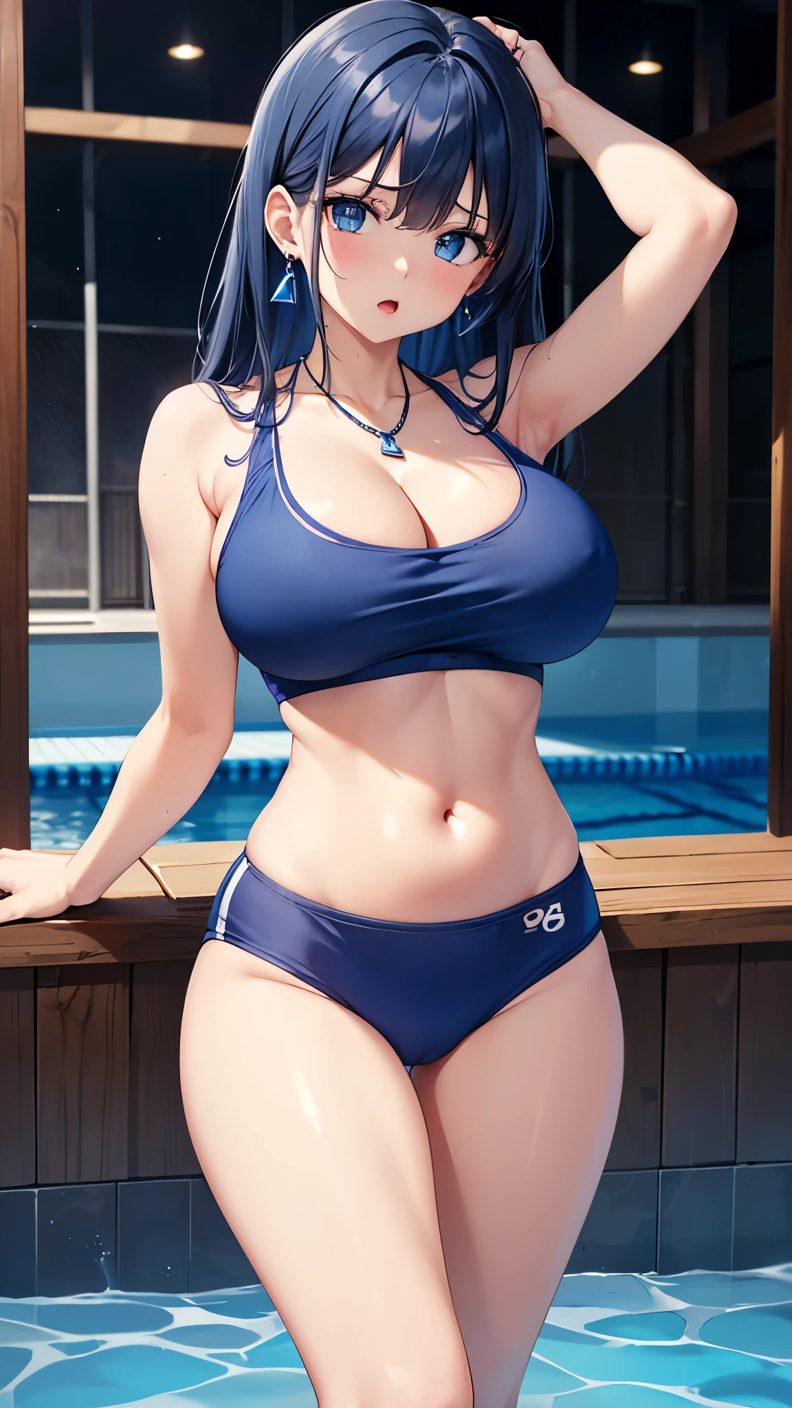 ba1, hair ornament, blue hair, bikini, thick, wide hips, massive breasts, voluptuous body