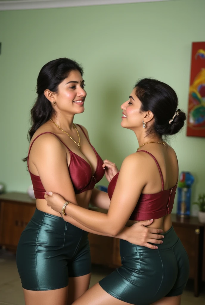 The image is a high-resolution photograph featuring an intimate, indoor scene with two people. The subject is a middle-aged woman, likely of Indian descent, with a medium skin tone, and a well-defined facial structure. She is dressed in traditional Indian attire, wearing a maroon shiny silk sleevless deep low neck bra and a glossy reflective green and black leggings, Voluptuous-body,

Her hair is neatly pulled back into a low bun. She accessorizes with simple gold jewelry, including a gold necklace and matching earrings. Her expression is sexy and biting lips, seducing expression, boy standing on her side,woman pressing in front of his shorts

The boy wearing a black shorts only,The background reveals a domestic interior with light green walls, a piece of furniture with a colorful abstract painting hanging on it, and a hint of other household objects, suggesting a warm and lived-in space. The lighting is soft, enhancing the emotional intensity of the moment captured.full length image,side view only,