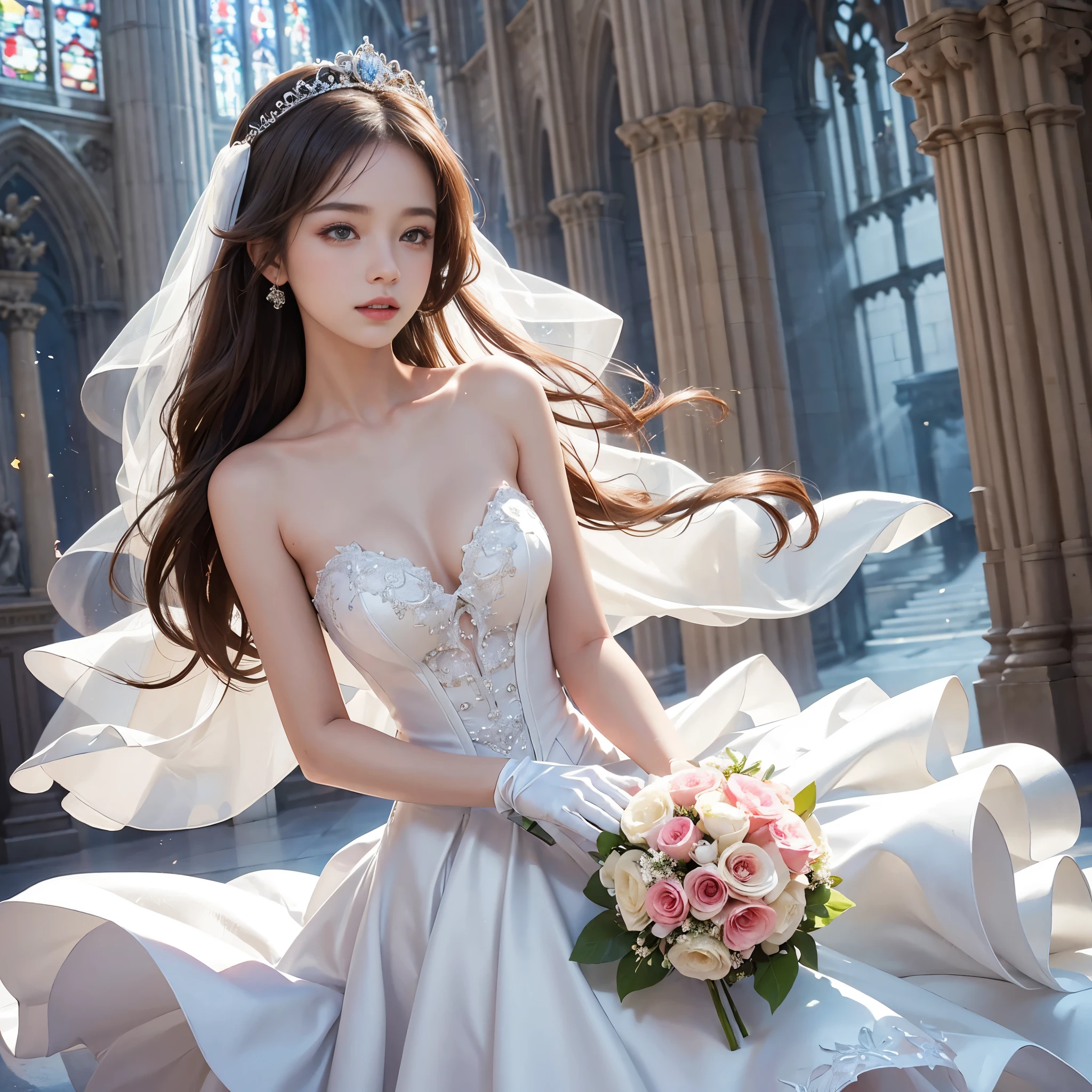 only 1 girl, huge laugh, Very pretty, beautiful eyes, make her sit, cute teen, sweet, sun glare, Conservative attire, turtleneck wedding dress, bridal tiara, bridal veil, bouquet, depth of field, blurred background, Cathedral Background, light particles, strong wind, head tilt, long hair,