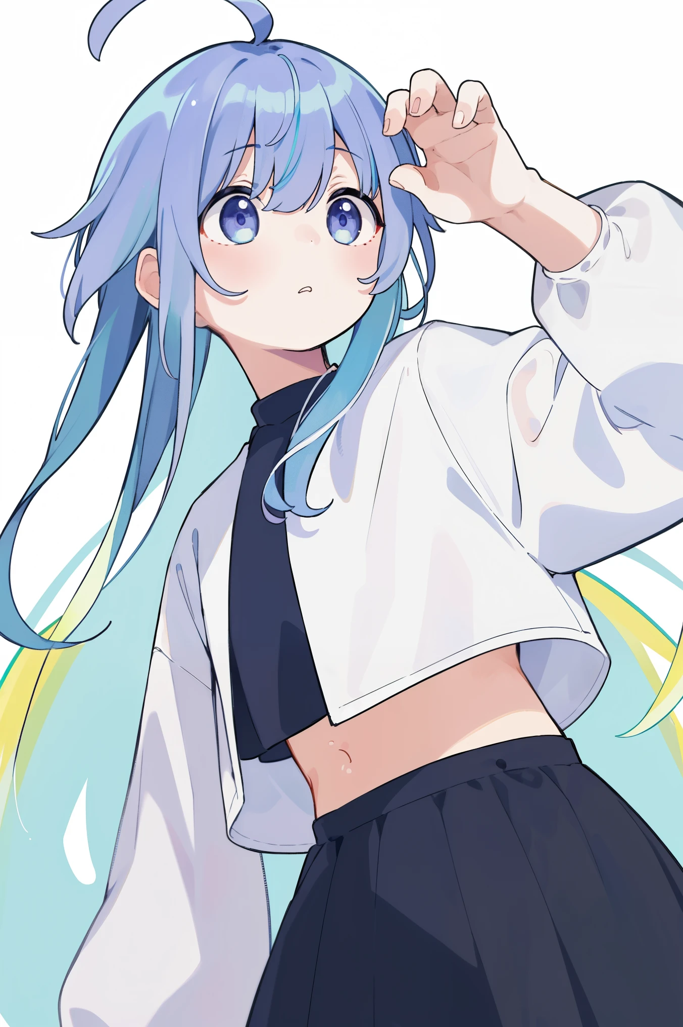 Anime girl with blue hair and white shirt and black skirt - SeaArt AI