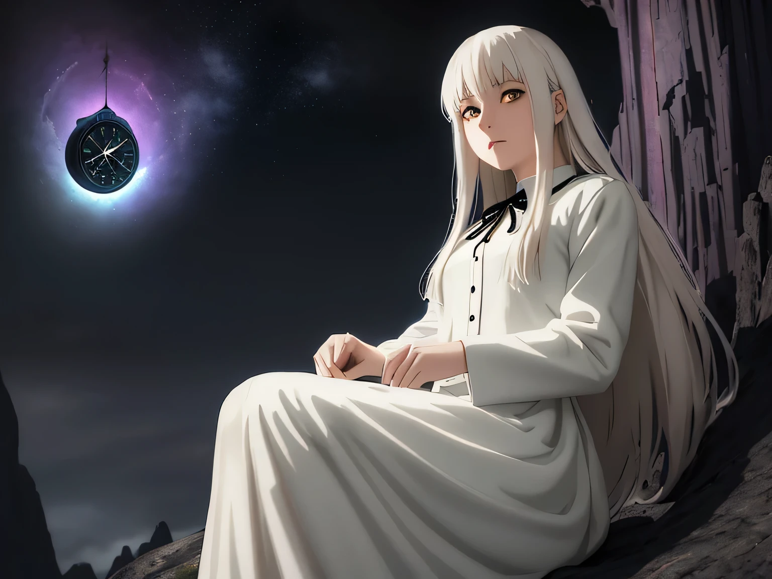  Fantasy World 、Dark universe 、star、 Floating Rocks 、A cute woman sits on a rock( elegant 、Intelligent face、20 years old), White long hair、 white dress、A clock that floats in the air