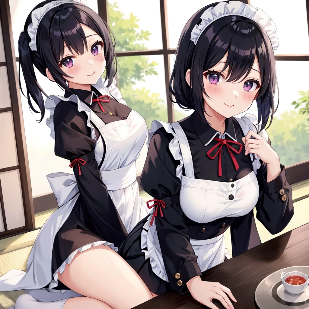 ((2 girls))、((smile))、blush、black shirt、blouse、((fun))、(small breasts)、Chirarism、black hair、(single braid)、((white apron:1.5))、((maid))、((hair ornaments)), thighs, 壊す in house, ((in house:1.5))、 BREAK looking at viewer、torn skirt,(grab the skirt:1.0)、 (perfect hands, perfect anatomy),cowboy shot、((shaved pussy:1.5))、(skirt that rolls up:1.3)、(Highly detailed labia fully exposed:1.5)、(Photo seen from below:1.3)、skirtlift