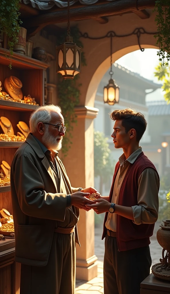 Old man teaching boy in ancient era
