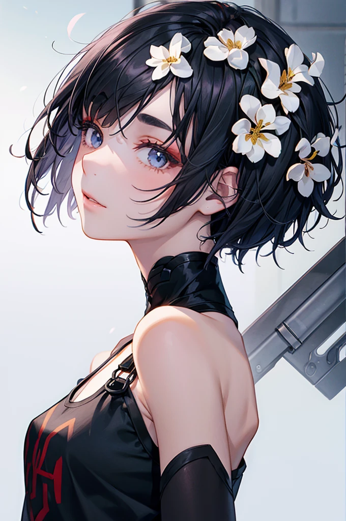 there is a picture of a male with female type hair like hair, solo, 1girl, black hair, looking at viewer, upper body, short hair, sleeveless, bare shoulders, from side